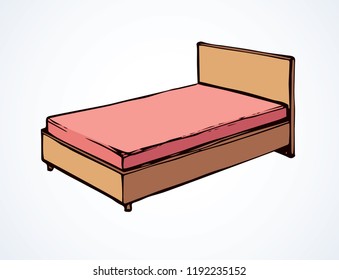 Empty classic brown wood cozy soft trendy hostel bunk on white backdrop. Bright color hand drawn logo sketchy in art retro scribble cartoon style. Closeup view with space for text