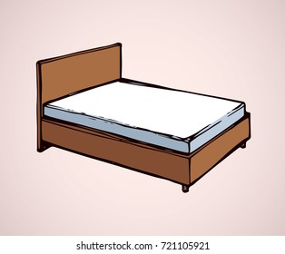 Empty classic brown wood cozy soft trendy hostel bunk on white backdrop. Bright color hand drawn logo sketchy in art retro scribble cartoon style. Closeup view with space for text