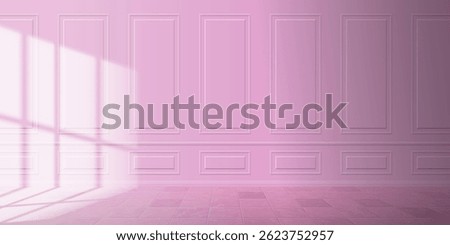 empty classic interior with pink color wall pannels tiles floor window sun light effect vector illustration
