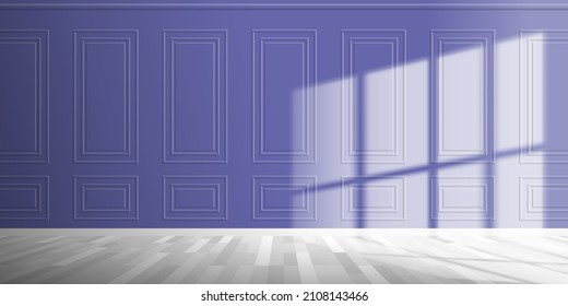 empty classic interior with purple trendy color wall pannels wooden floor window sun light effect vector illustration