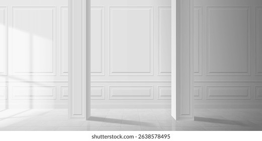 empty classic room interior design wall panels  tiles floor  columns window light vector illustration