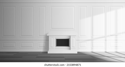 empty classic room interior with fireplace   wall pannels wooden floor window sun light effect vector illustration