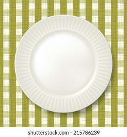 Empty classic white plate with checkered tablecloth on  background. Vector 