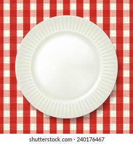 Empty classic white plate with checkered tablecloth on background. Vector