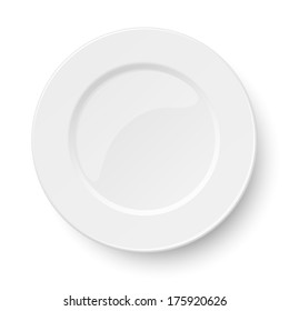 Empty classic white plate isolated on white background. View from above.