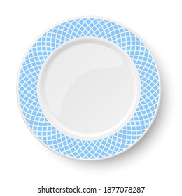 Empty classic white vector plate with light blue pattern isolated on white background. View from above.