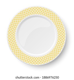 Empty classic white vector plate with yellow pattern isolated on white background. View from above.
