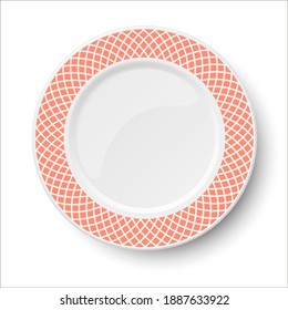 Empty classic white vector plate with orange pattern isolated on white background. View from above.