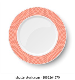 Empty classic white vector plate with orange pattern isolated on white background. View from above.