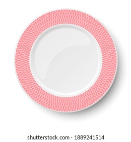 Empty classic white vector plate with rose pattern isolated on white background. View from above.