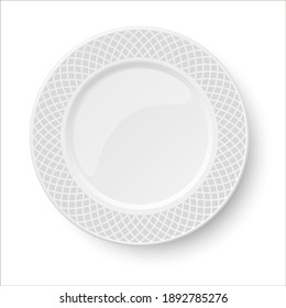 Empty classic white vector plate with grey pattern isolated on white background. View from above.