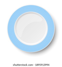 Empty classic white vector plate with light blue pattern isolated on white background. View from above.