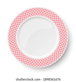 Empty classic white vector plate with rose pattern isolated on white background. View from above.