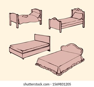 Empty classic wood cozy soft trendy hostel bunk on white backdrop. Freehand line black ink hand drawn logo sketchy in art retro scribble cartoon style pen on paper. Closeup view with space for text