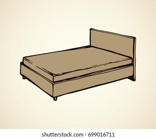 Empty classic wood cozy soft trendy hostel bunk on white backdrop. Freehand line black ink hand drawn logo sketchy in art retro scribble cartoon style pen on paper. Closeup view with space for text