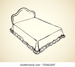 Empty classic wood cozy soft trendy hostel bunk on white backdrop. Freehand line black ink hand drawn logo sketchy in art retro scribble cartoon style pen on paper. Closeup view with space for text