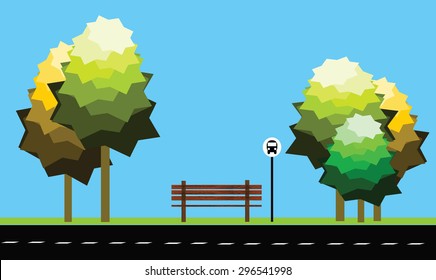 Empty classic wooden bus stop vector with green foliage