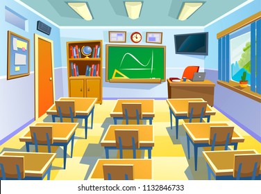 Empty classroom background in cartoon style. Class room colorful interior with chalkboard desks and school supplies. Vector Illustration for poster, flyer or background.