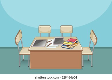 Empty classroom with books on the table illustration