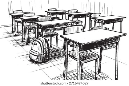 Sala de aula vazia com mesas, cadeiras e uma mochila, esboço preto e branco ilustração de um ambiente educacional