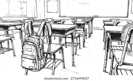 Aula vacía con escritorios y sillas, una mochila colgando en una silla, ilustración de estilo de boceto en blanco y negro
