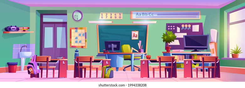 Empty classroom in elementary school, interior of room with chalkboard, desks with personal belongings of pupils and working space of teacher. Modern class education. Cartoon vector in flat style