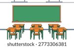 empty classroom with green chalkboard and wooden desks