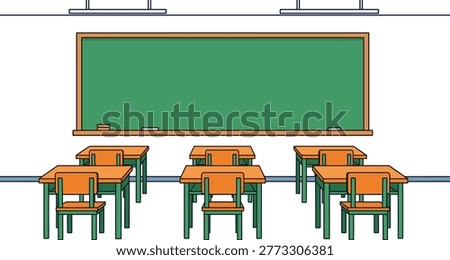 empty classroom with green chalkboard and wooden desks