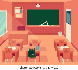 Empty classroom interior with blackboard and desks and chairs cartoon style, vector illustration. Nobody in school auditorium with furniture and green chalkboard and door and window