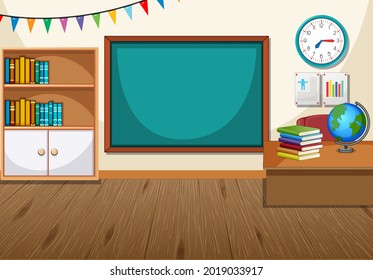 Interior vacío en aula con ilustración de pizarra