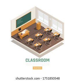 Empty classroom interior in high school with desks table board chair 3d isometric composition vector illustration