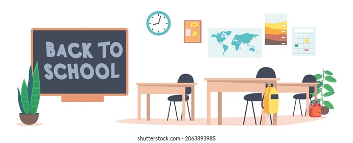 Empty Classroom Interior, School or College Class With Teacher Table, Blackboard With Back to School Inscription, Clock and Map Hanging on Wall, Plant in Room for Studying. Cartoon Vector Illustration