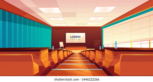 Empty Classroom, Lecture Hall, Theater Or Meeting Room Interior, Modern University Auditorium With Wooden Rows Of Seats, Desk, Blackboard Screen And Flipchart On Stage, Cartoon Vector Illustration