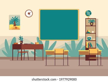 Empty classroom. Nobody school class room with blackboard. Modern interior for education. Place to acquisition of knowledge