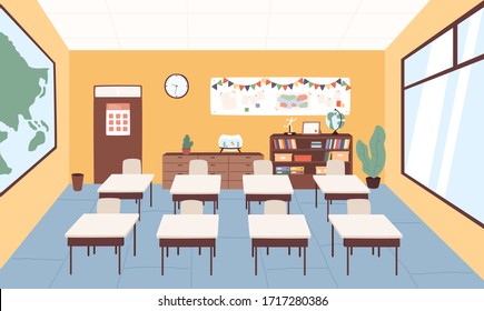 Empty Classroom At Primary School Vector Graphic Illustration. Interior Of Cartoon Elementary Studying Room With Desk And Chair Ready To Lesson. Indoor Design With Furniture At Lecture Area