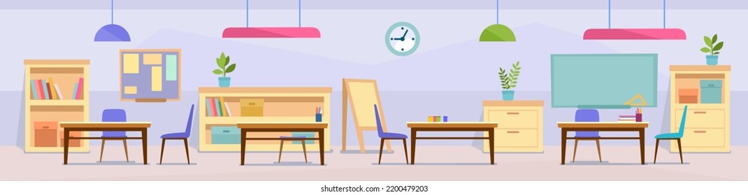 Empty classroom in school or nursery. Class room in kindergarten or college with desks, chairs, and a chalkboard ready for a lesson. Cartoon style background. Class interior vector illustration.
