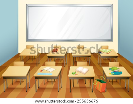 empty classroom with stationary on the desks
