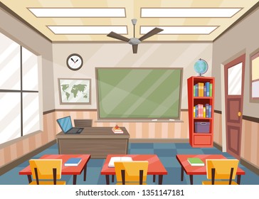 Empty classroom with tables and chairs. School.