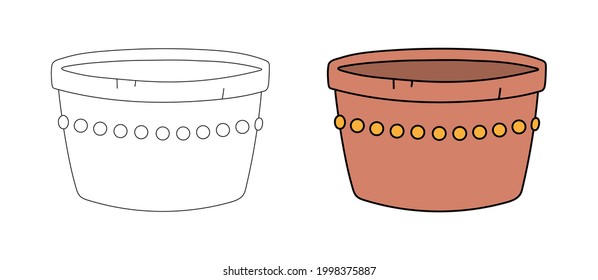 Flor de arcilla vacía en un sencillo esquema gráfico plano. Ilustración lineal y coloreada del recipiente de cerámica para plantas de cultivo, imagen de herramienta de jardín. Objeto vectorial aislado para la decoración