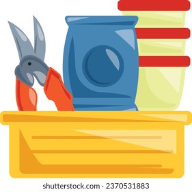 Empty clay Pot with Dung Bag concept, Storage Wooden Box with garden shear vector icon design, Lawn and Gardening symbol, Farm and Plant sign, agriculture and horticulture equipment stock illustration