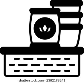 Empty clay Pot with Dung Bag concept, Storage Wooden Box with garden shear vector icon design, Outdoor Decor symbol, Farm and Plant sign, Mulching and Landscaping stock illustration