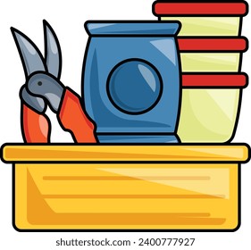 Empty clay Pot with Dung Bag concept, Storage Wooden Box with garden shear vector icon design, Shrubs and Trees symbol, Plants and Flowers sign, Landscaping and Garden Tools stock illustration