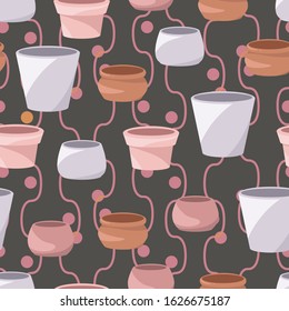 Empty clay pots for home plants. Lovely cozy ceramic minimalistic vases to decorate interior of the room. Seamless background with pattern.