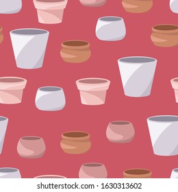 Empty clay pots for home plants. Lovely cozy ceramic minimalistic vases to decorate interior of the room. Seamless background with pattern.