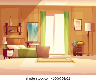 An empty clean bedroom with a basket of dirty clothes. 