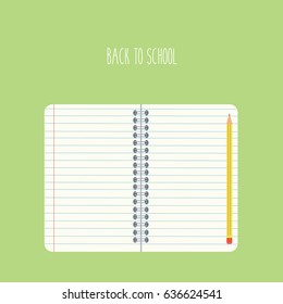 empty clean blank notebook spiral vector simple on flat design style illustration isolated green background & pencil cartoon icon & space with text - back to school   