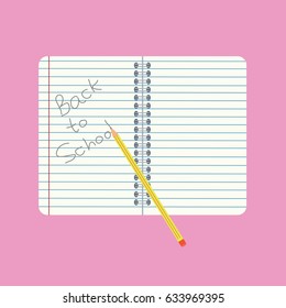 empty clean blank simple spiral notebook isolated vector on flat design style illustration  light background with a pencil icon writing & space with text & nice children font - back to school 