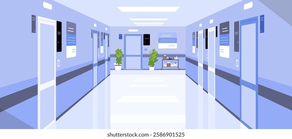 Empty clean corridor in modern hospital perspective view. Medical hall interior flat vector illustration