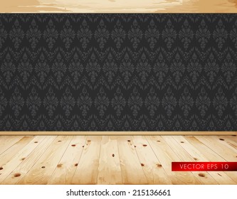 Empty clean interior with dark wallpaper and natural wooden rustic floor - vector