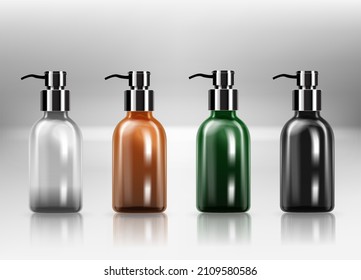 Botellas plásticas vacías y realistas con dispensador de bomba. Contenedor de plantilla en blanco para gel de ducha, champú, crema o loción. Moda de blanco, negro, beige y dorado para productos cosméticos.